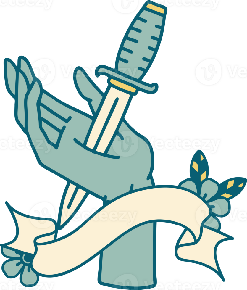 traditional tattoo with banner of a dagger in the hand png