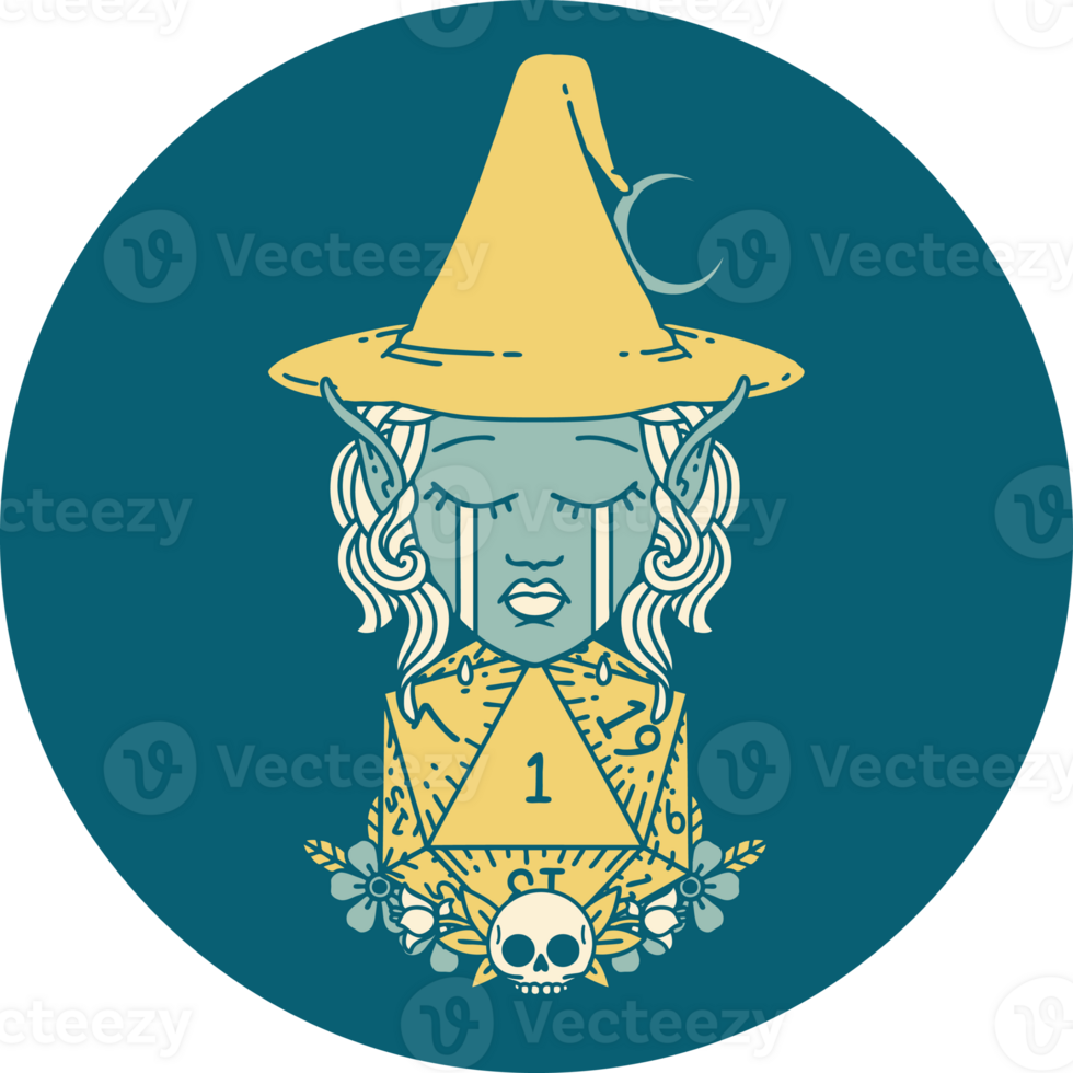 Retro Tattoo Style crying elf witch with natural one D20 roll png