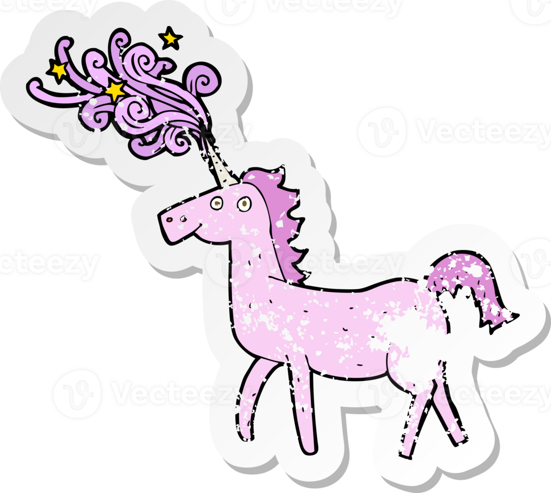 retro distressed sticker of a cartoon magical unicorn png