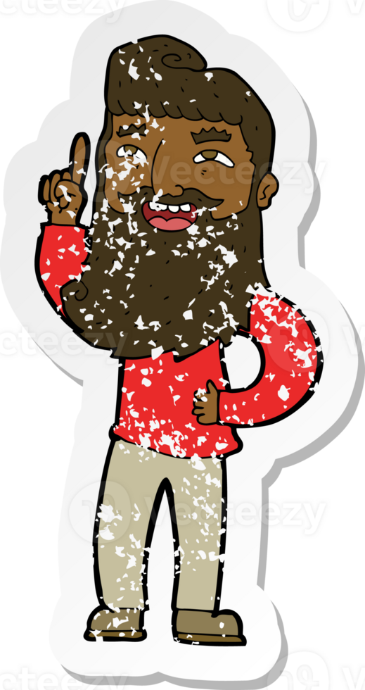 retro distressed sticker of a cartoon happy bearded man with idea png