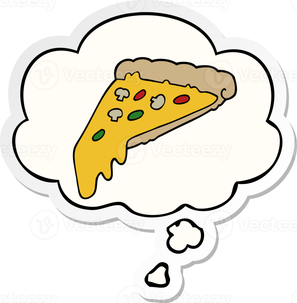 cartoon pizza slice with thought bubble as a printed sticker png