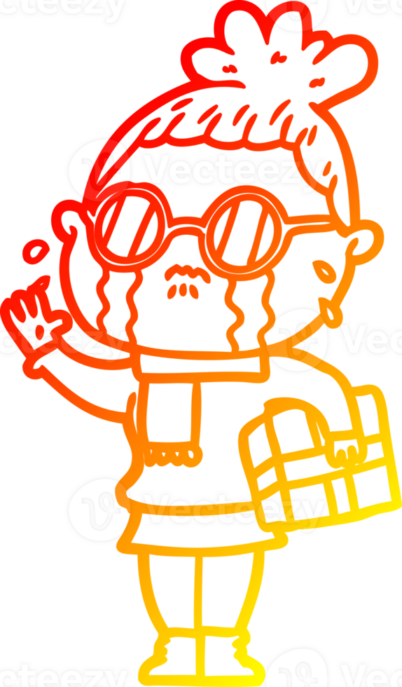 warm gradient line drawing of a cartoon crying woman wearing spectacles png