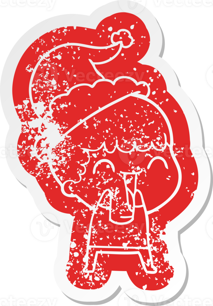 quirky cartoon distressed sticker of a happy man wearing santa hat png