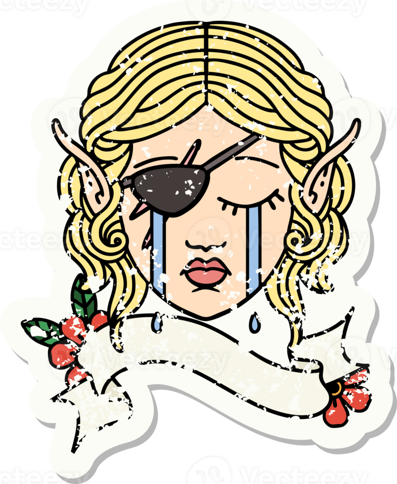 grunge sticker of a crying elf rogue character face png