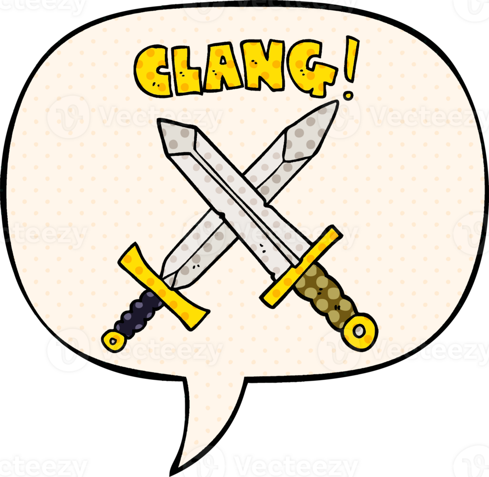 cartoon sword fight with speech bubble in comic book style png