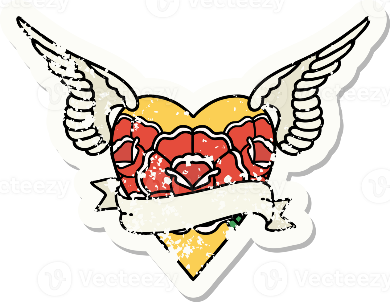 distressed sticker tattoo in traditional style of heart with wings flowers and banner png