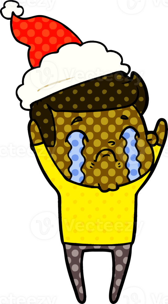 hand drawn comic book style illustration of a man crying wearing santa hat png
