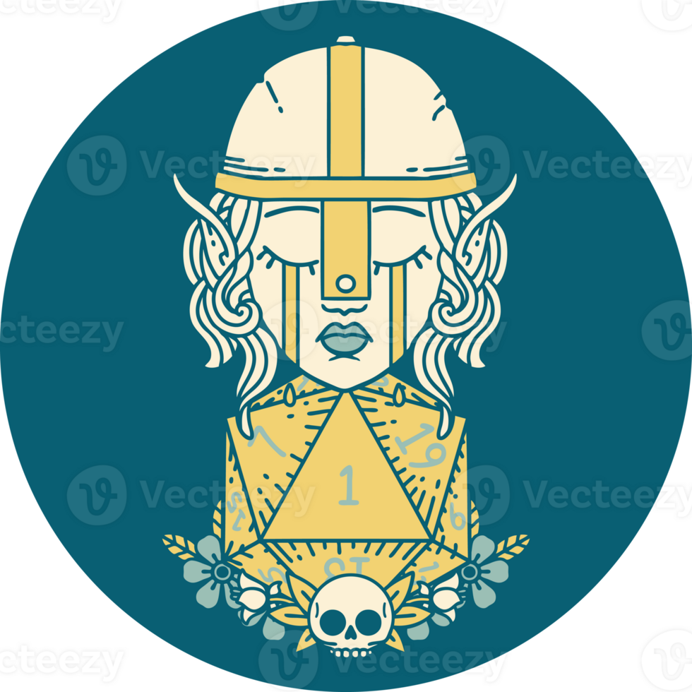 Retro Tattoo Style sad elf fighter character with natural one d20 roll png