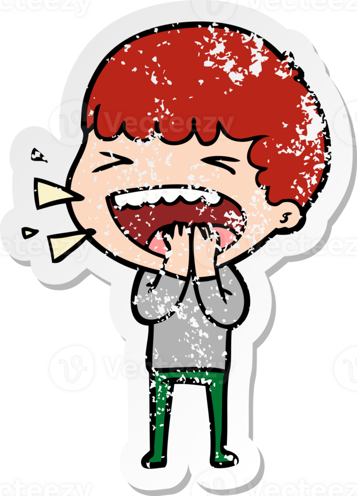 distressed sticker of a cartoon laughing man png