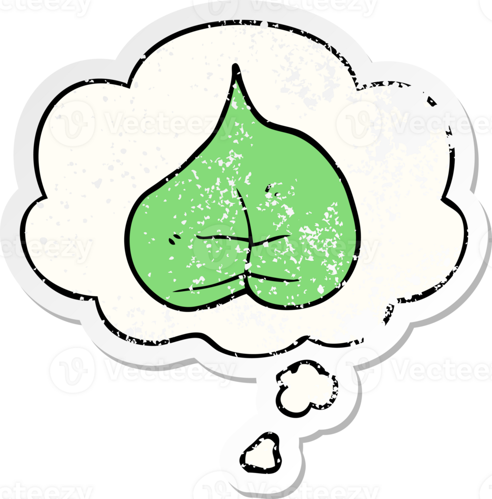 cartoon leaf with thought bubble as a distressed worn sticker png