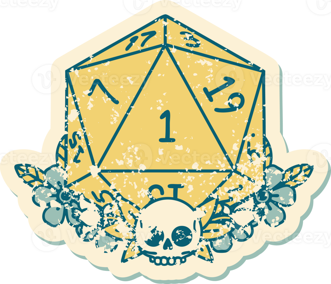 Retro Tattoo Style natural one dice roll with floral elements png