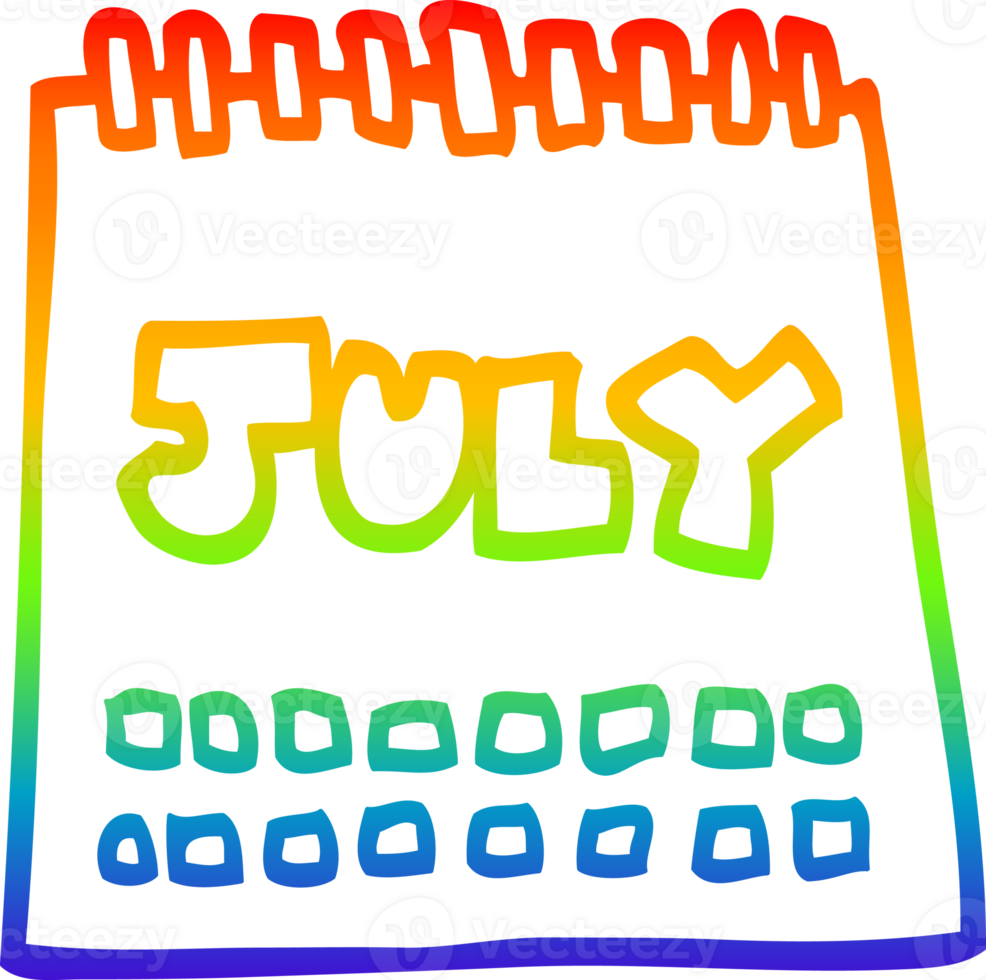 rainbow gradient line drawing of a cartoon calendar showing month of july png