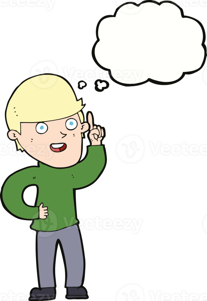 cartoon boy with idea with thought bubble png