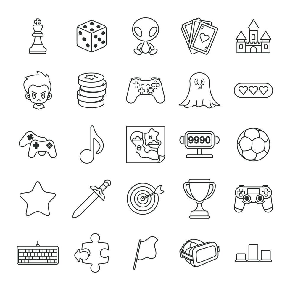 games, Game genres and attributes icon set, Included icons as Joystick, Keyboard, Virtual Reality, Castle and more symbols collection, logo isolated illustration vector