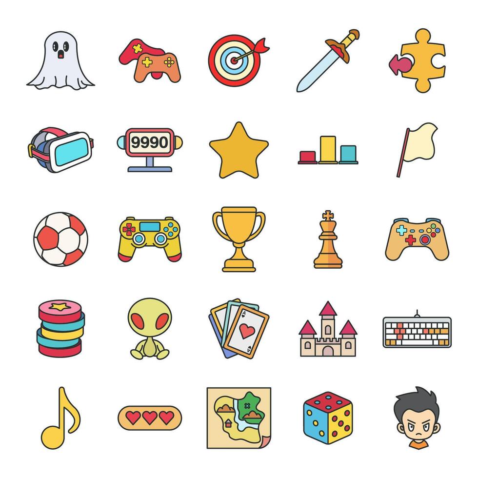 games, Game genres and attributes icon set, Included icons as Joystick, Keyboard, Virtual Reality, Castle and more symbols collection, logo isolated illustration vector