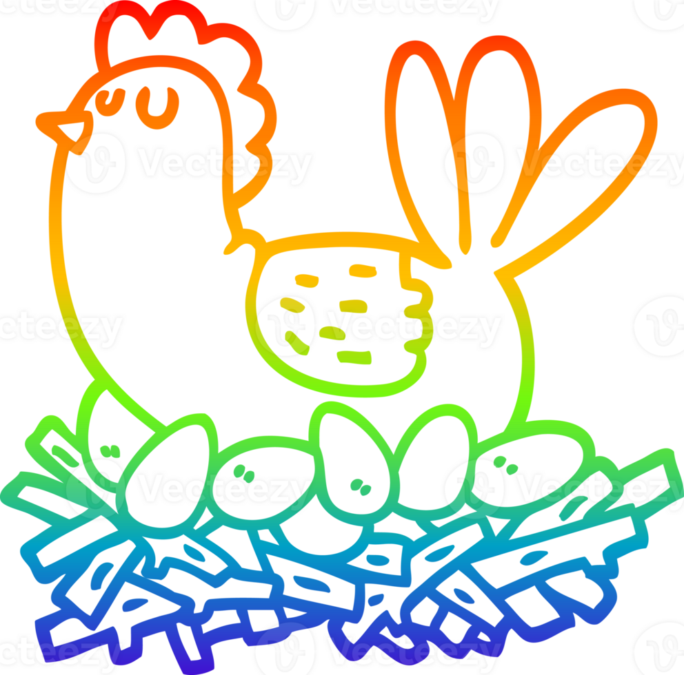 rainbow gradient line drawing of a cartoon chicken on nest of eggs png
