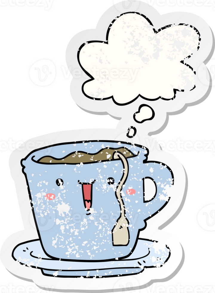 cute cartoon cup and saucer with thought bubble as a distressed worn sticker png