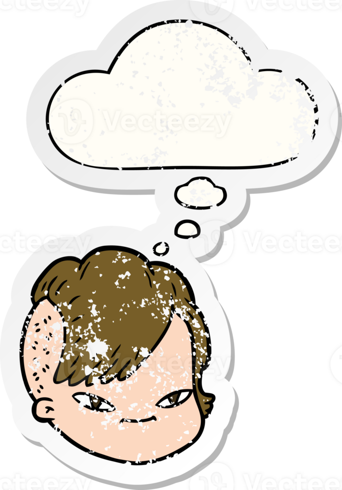 cartoon female face with thought bubble as a distressed worn sticker png