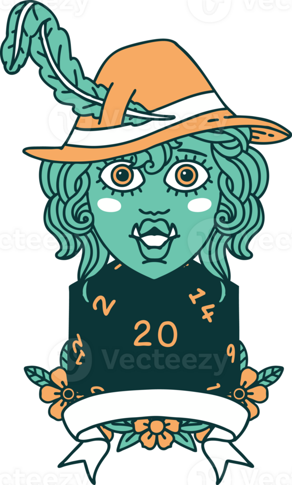 Retro Tattoo Style half orc bard with natural 20 dice roll png