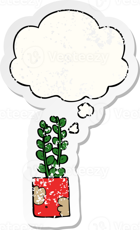 cartoon plant with thought bubble as a distressed worn sticker png