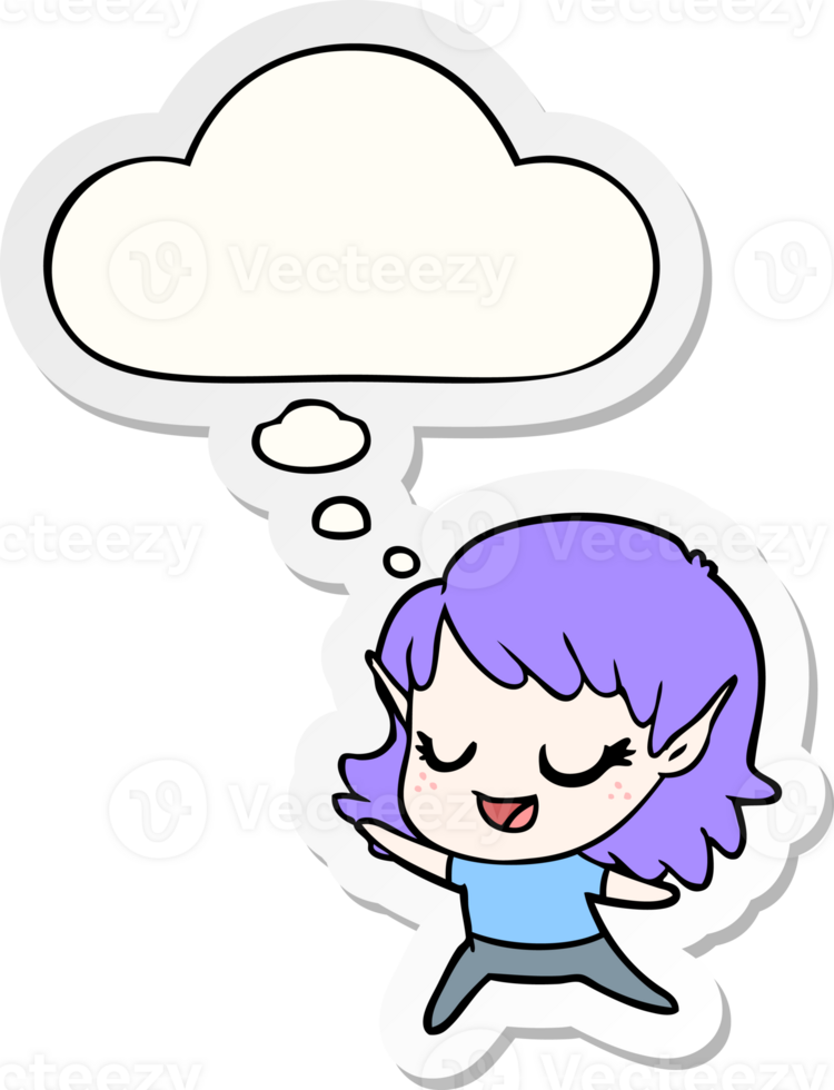 carton happy elf girl dancing with thought bubble as a printed sticker png