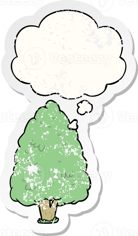 cartoon tall tree with thought bubble as a distressed worn sticker png
