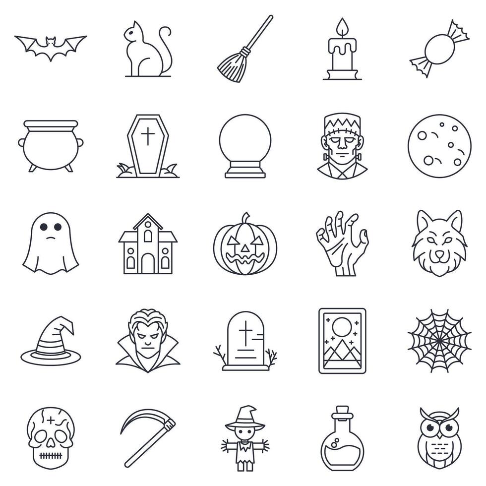 Halloween and attributes icons set, Included icons as pumpkin, witch, vampire, skeleton and more symbols collection, logo isolated illustration vector