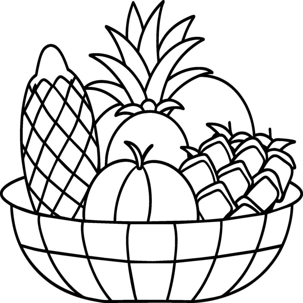 Fruit Basket line art illustration for the coloring book. Fruits coloring page vector