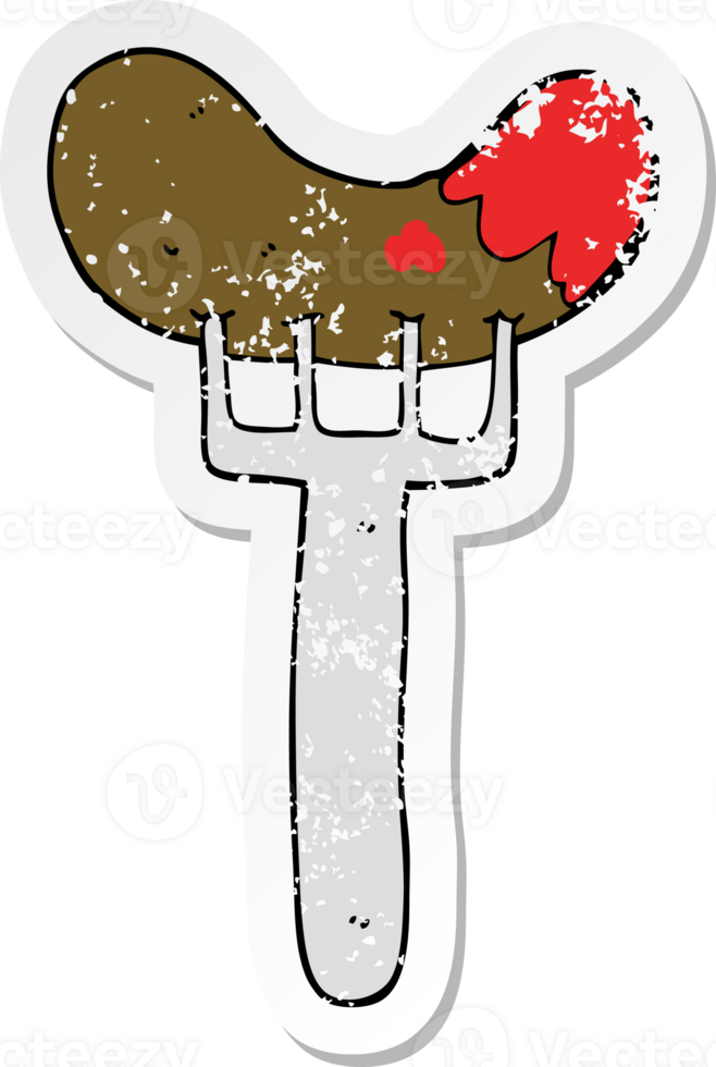 distressed sticker of a cartoon sausage on fork png