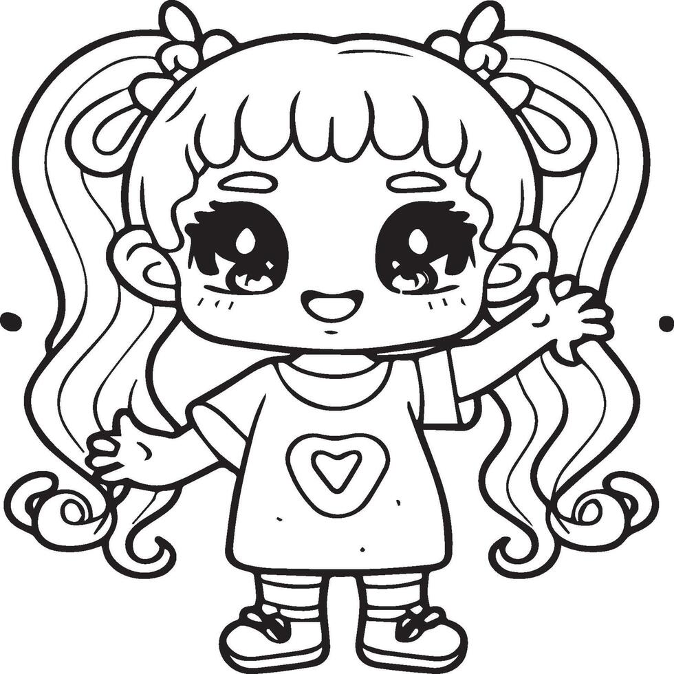 Kawaii girl cartoon coloring pages illustration vector