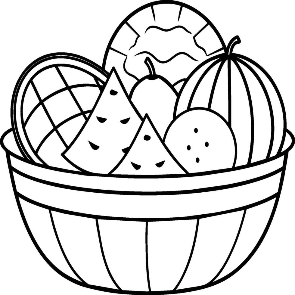 Fruit Basket line art illustration for the coloring book. Fruits coloring page vector