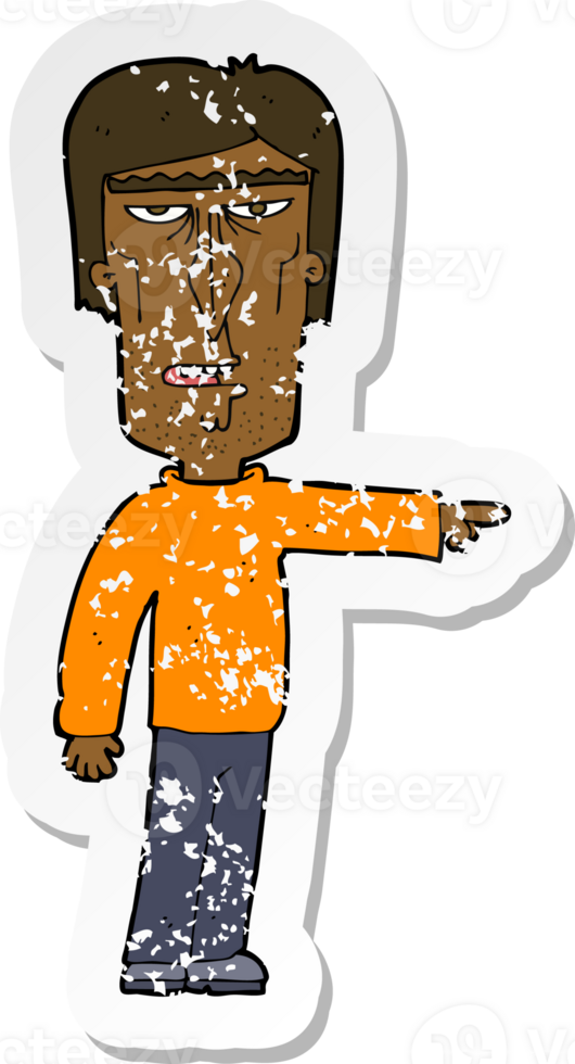 retro distressed sticker of a cartoon pointing man png