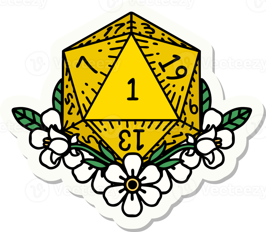 sticker of a natural one dice roll with floral elements png