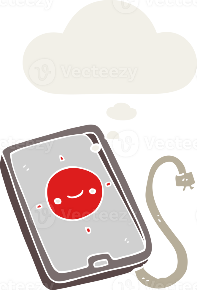cartoon mobile phone device with thought bubble in retro style png