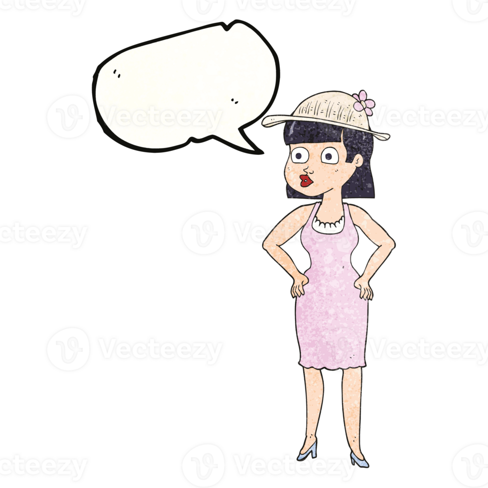 hand- toespraak bubbel getextureerde tekenfilm vrouw vervelend zon hoed png