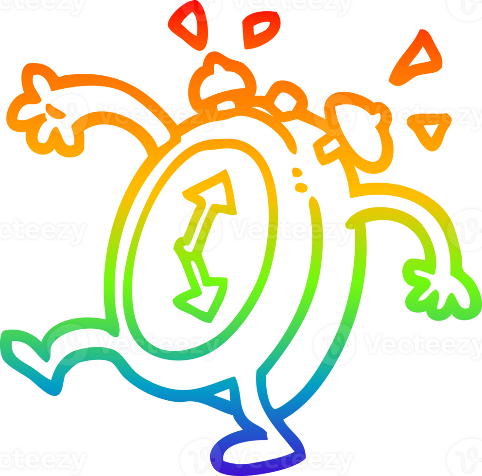 rainbow gradient line drawing of a cartoon ringing alarm clock png