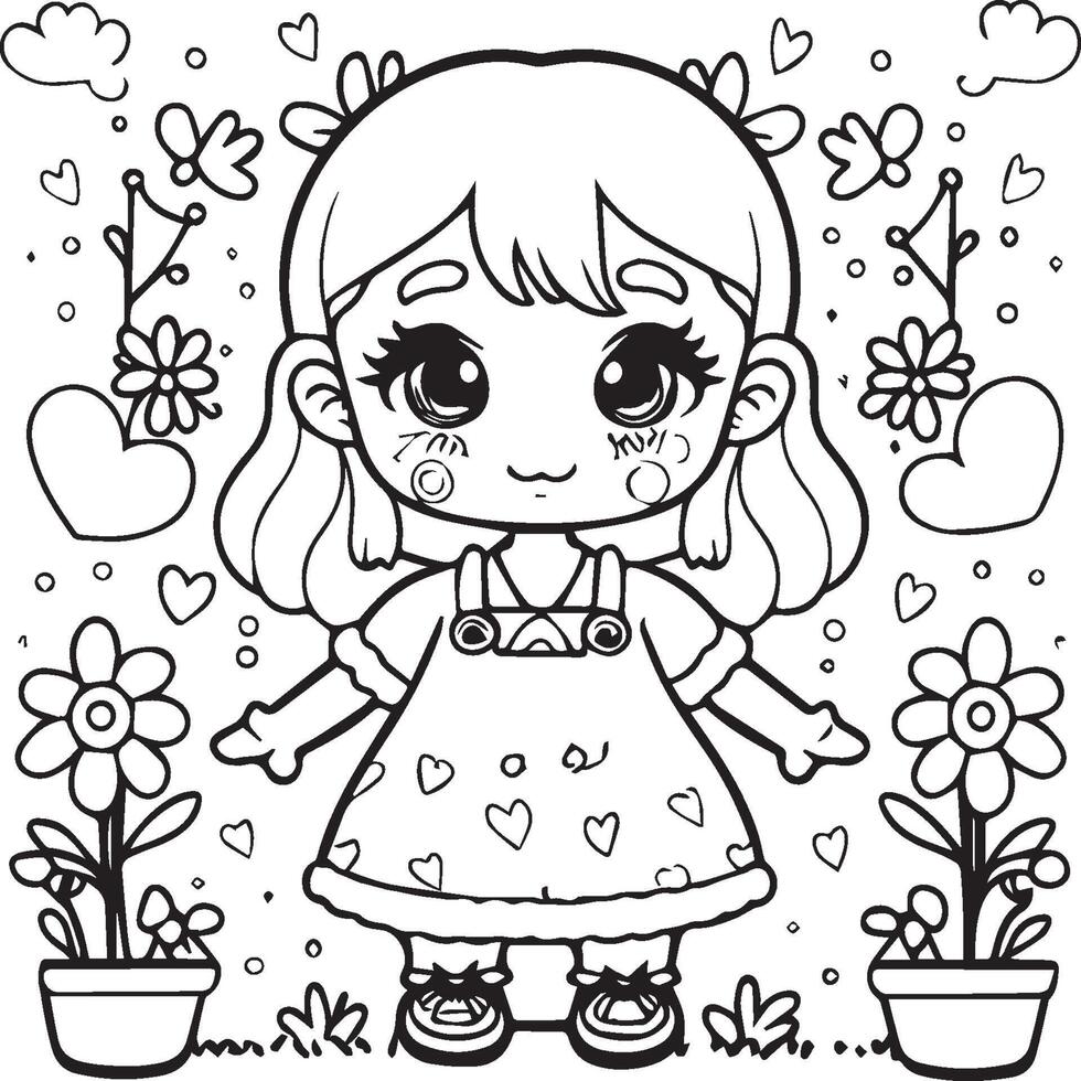 Kawaii girl cartoon coloring pages illustration vector