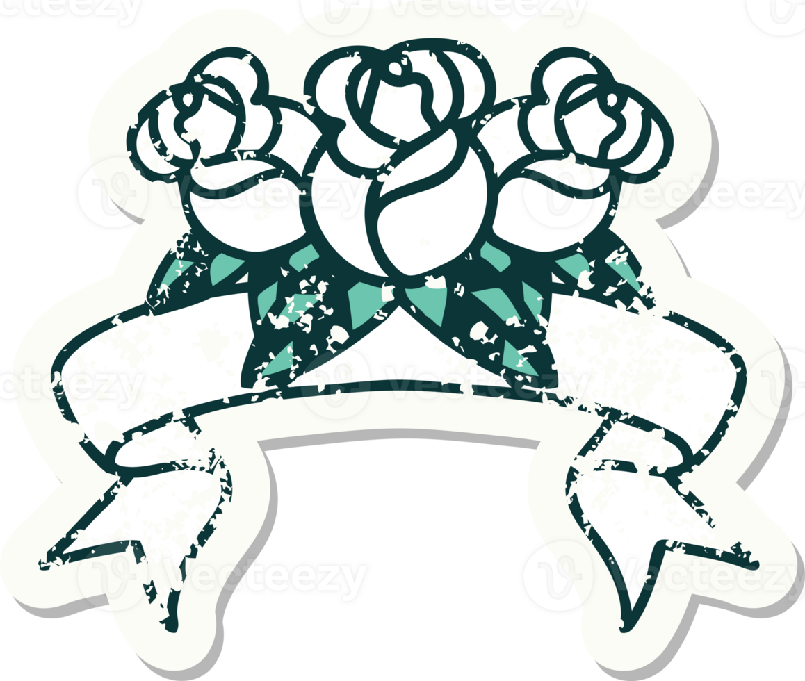 worn old sticker with banner of a bouquet of flowers png
