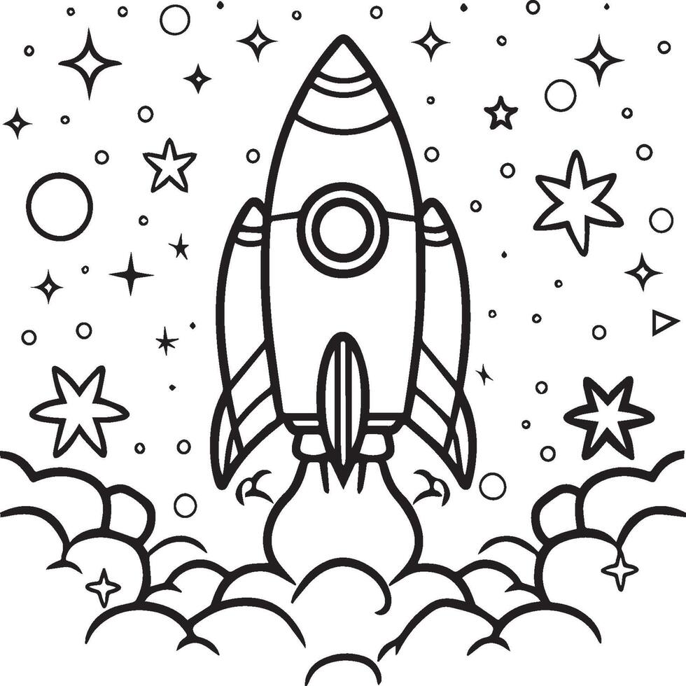 Space rocket in the sky with stars and clouds illustration. Rocket coloring pages. vector