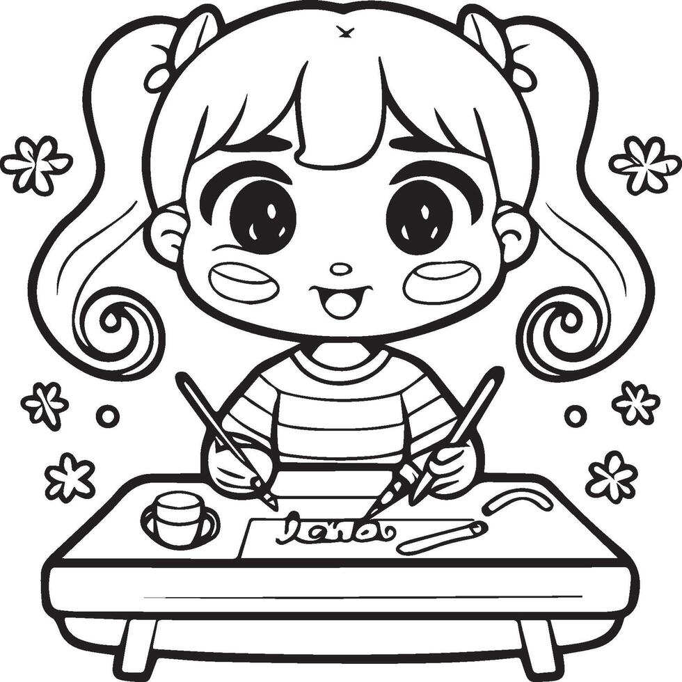 Kawaii girl cartoon coloring pages illustration vector