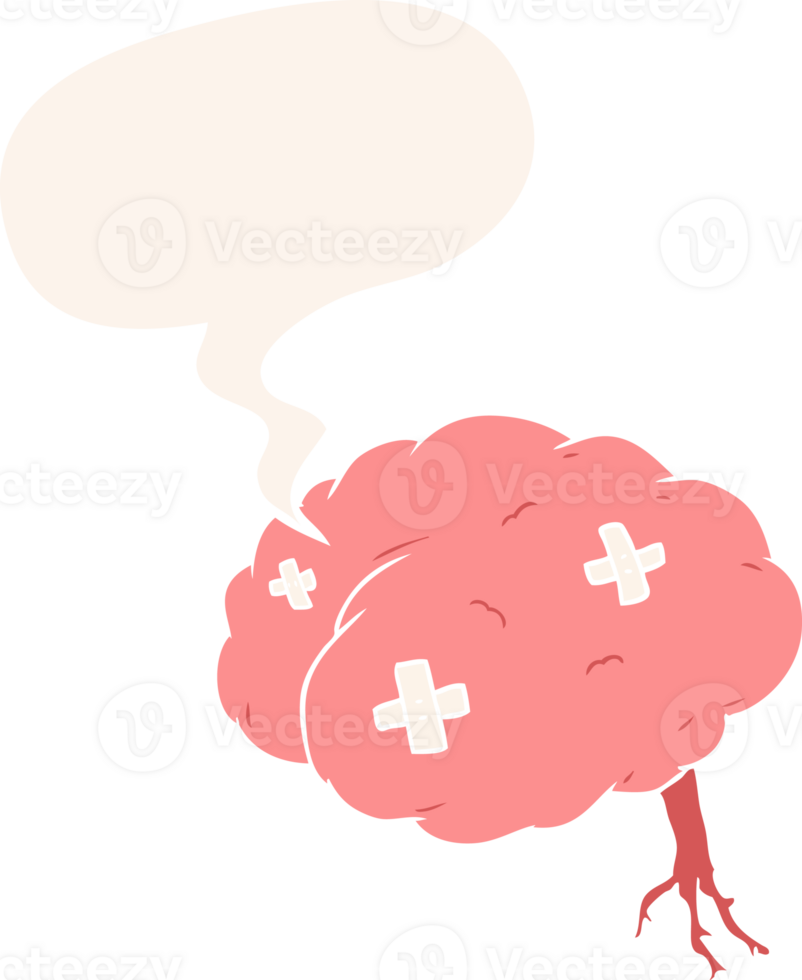 cartoon injured brain with speech bubble in retro style png