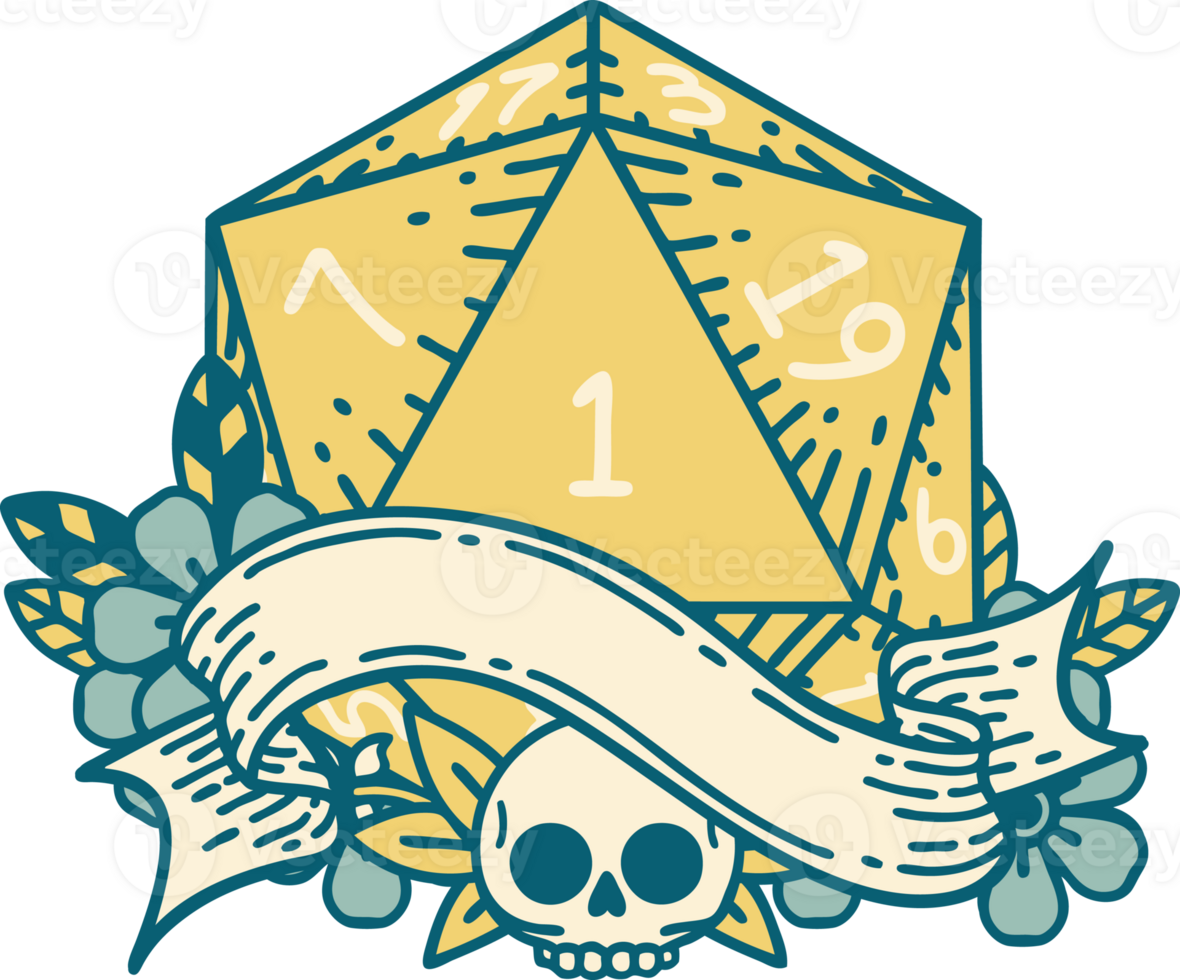 Retro Tattoo Style natural one d20 dice roll png
