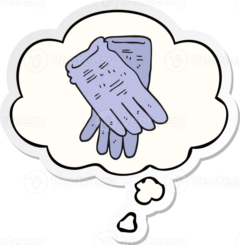 cartoon garden work gloves with thought bubble as a printed sticker png