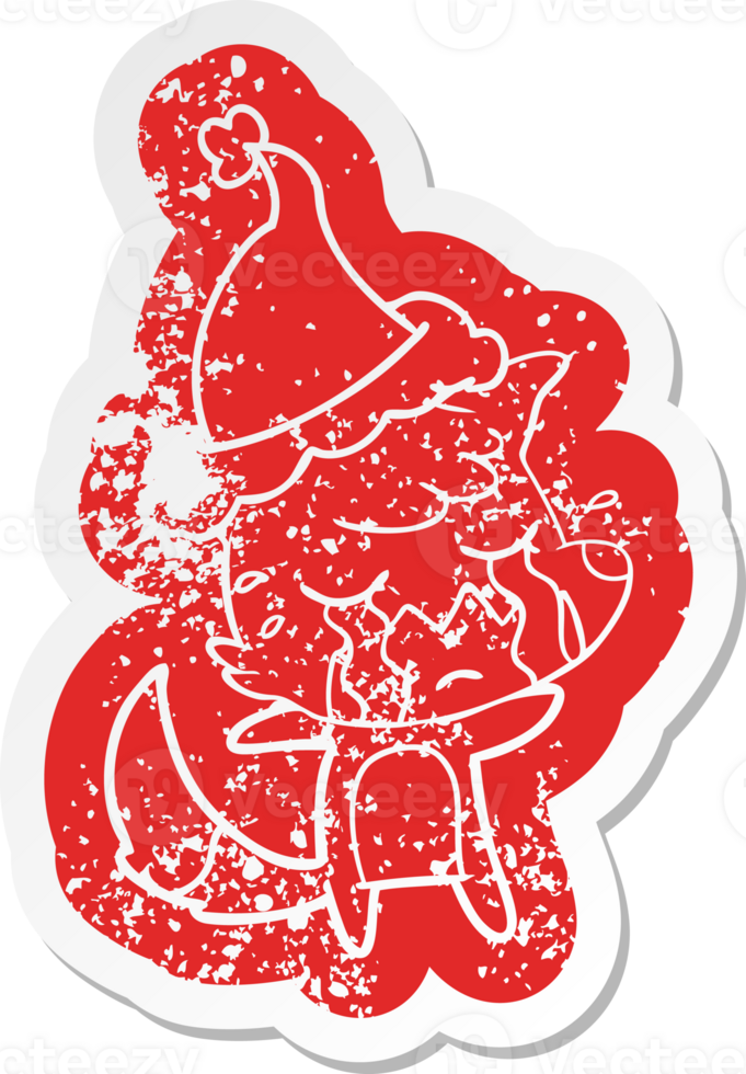 crying fox quirky cartoon distressed sticker of a wearing santa hat png