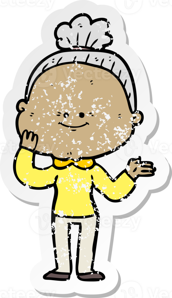 distressed sticker of a cartoon happy old woman png
