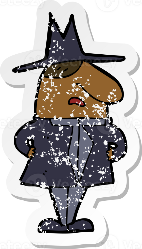 retro distressed sticker of a cartoon man in coat and hat png