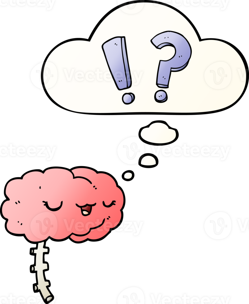 cartoon curious brain with thought bubble in smooth gradient style png