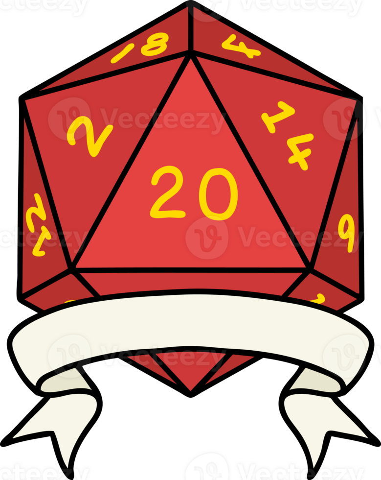 Retro Tattoo Style natural 20 critical hit D20 dice roll png