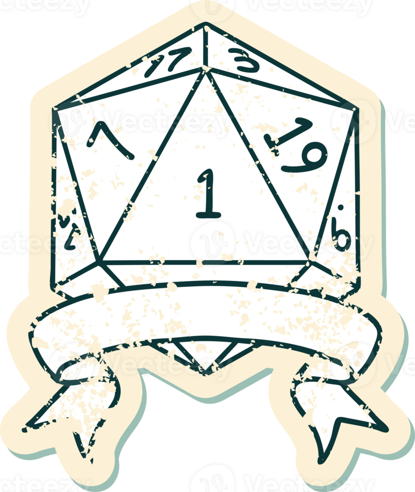 Retro Tattoo Style natural one d20 dice roll png