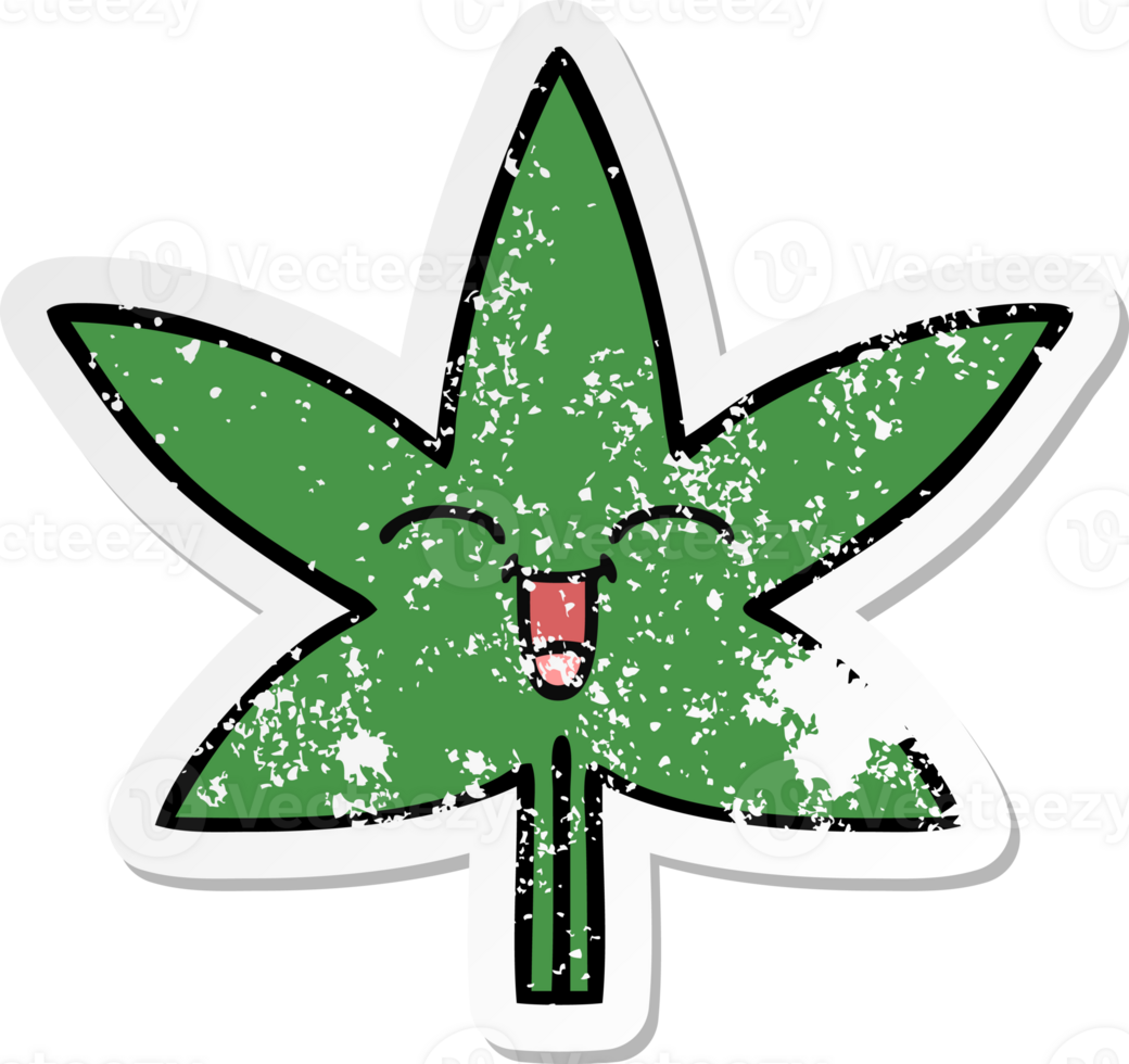distressed sticker of a cute cartoon marijuana leaf png